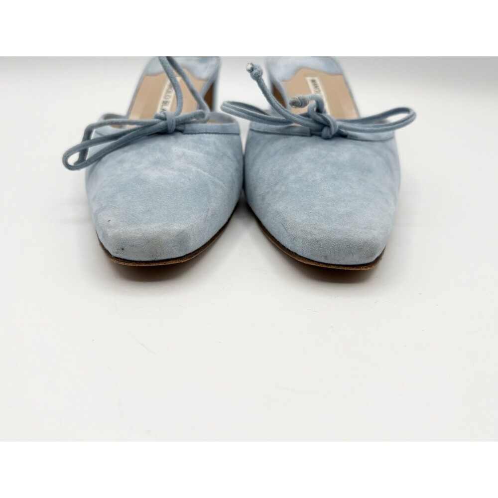 Manolo Blahnik Baby Blue Suede Mules Kitten Heels Bow Accent Size EU 37.5 - Picture 5 of 12